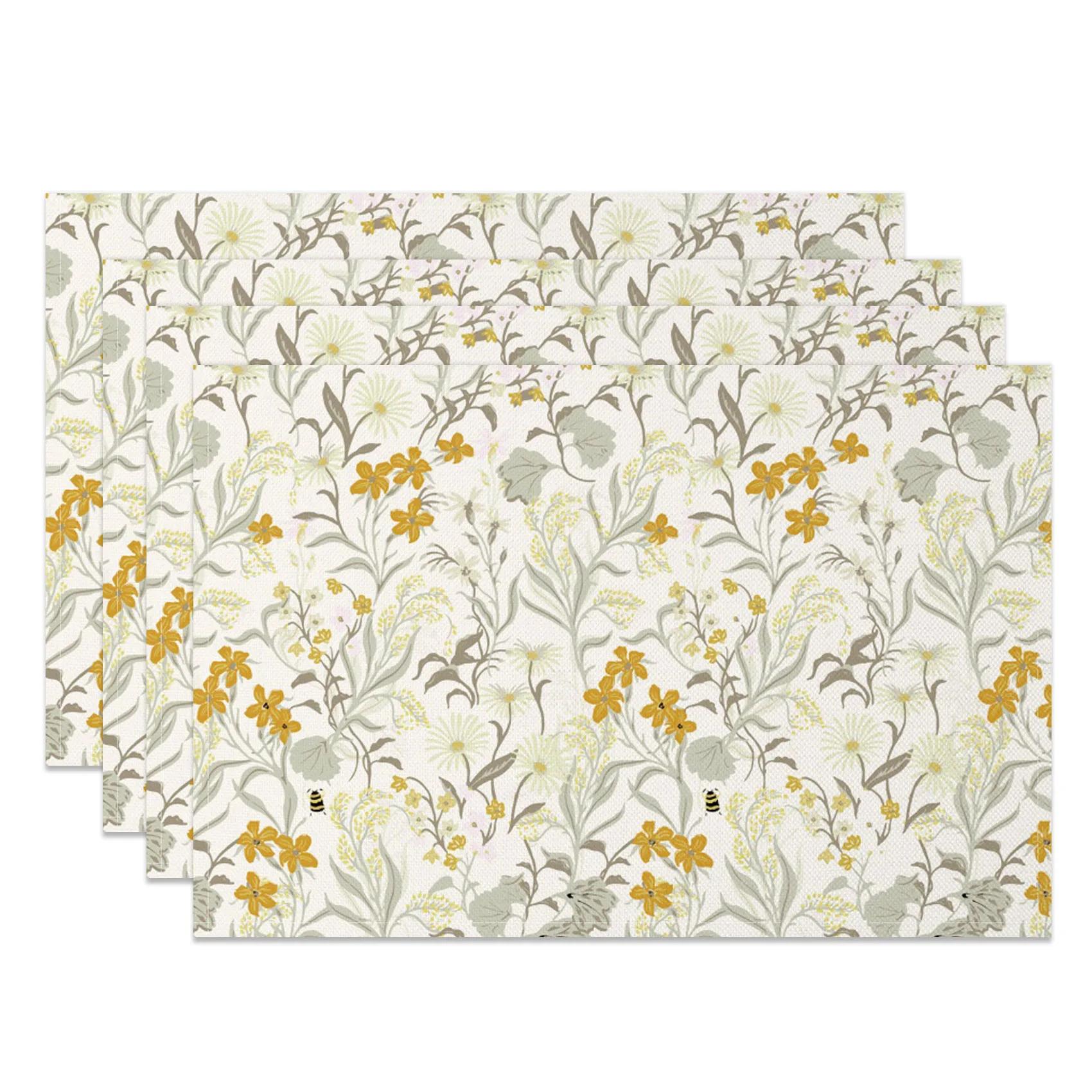 

Floral Table Mats Elegant Flower Leaf Pattern Placemats for Dining Kitchen Party Decor Waterproof Heat Resistant Country Style 4pcs