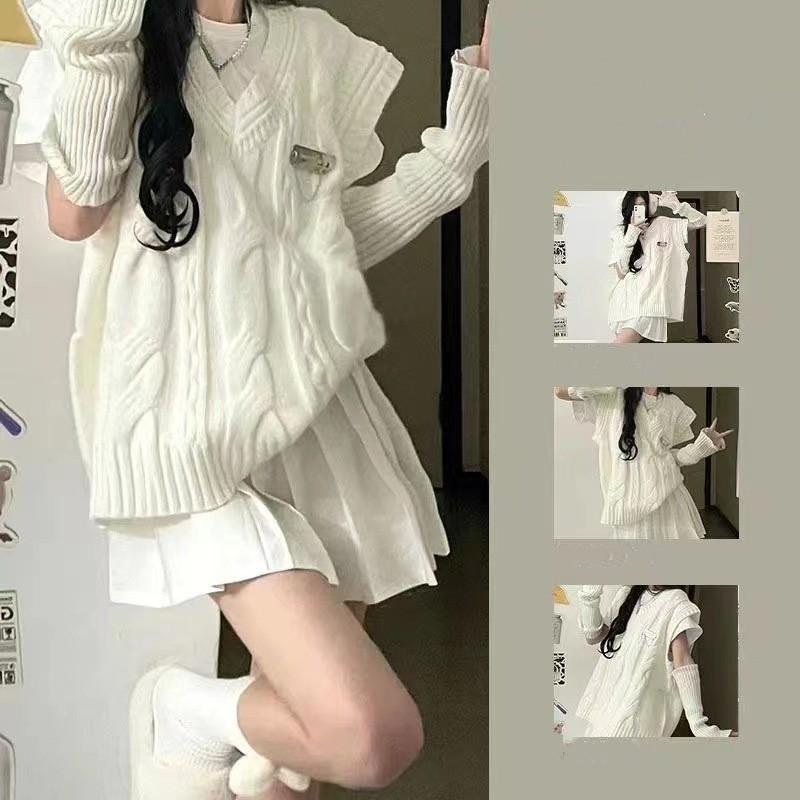 

Японский стиль Сладкий белый Свободный вязаный жилет свитер Женский Весна Осень Корейский стиль Жилет One szie