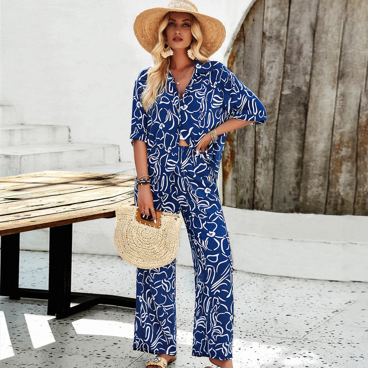 

Женский повседневный брючный костюм Diyun Pomichia весна/лето 2025 с принтом и короткими рукавами