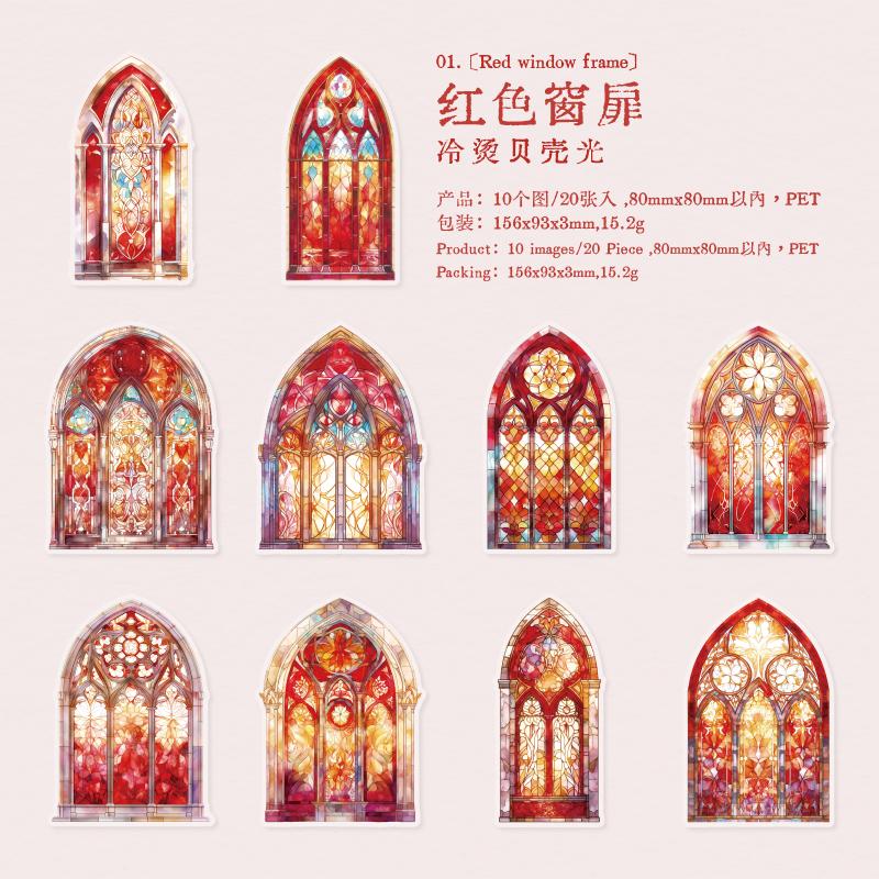 6 style 20pcs Colorful Glass Flower Window Theme Hot Stamping PET Sticker DIY Handmade Materials Scrapbook Background Decoration
