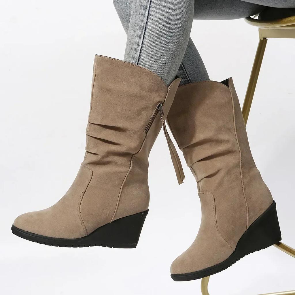 Fashion Vintage Faux Suede Wedge Ankle Boots for Women 2024 Autumn Winter Warm Plush Flat Heels Short Boots Woman Slip On Cowboy Botas