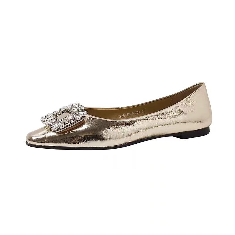 Skinny Small Silver Shoes~ Spring Flat-bottomed Shallow-mouth Single Shoes Full-leather Rhinestone Mary Jane Shoes