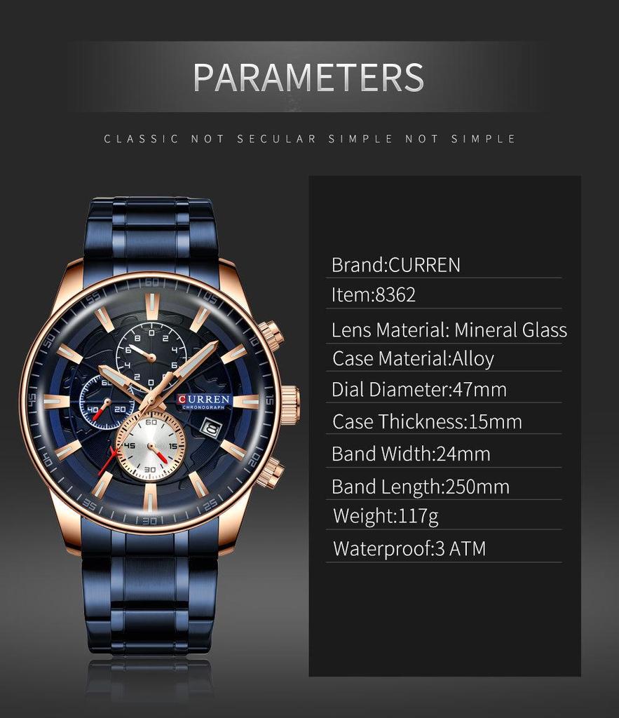 CURREN 8362 Men's Waterproof Six-Hand Business Calendar Watch