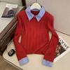 Polo knitted sweater women's spring bottoming shirt fake two-piece shirt stacked inside top tide