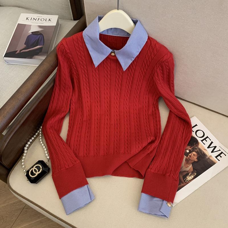 Polo knitted sweater women's spring bottoming shirt fake two-piece shirt stacked inside top tide