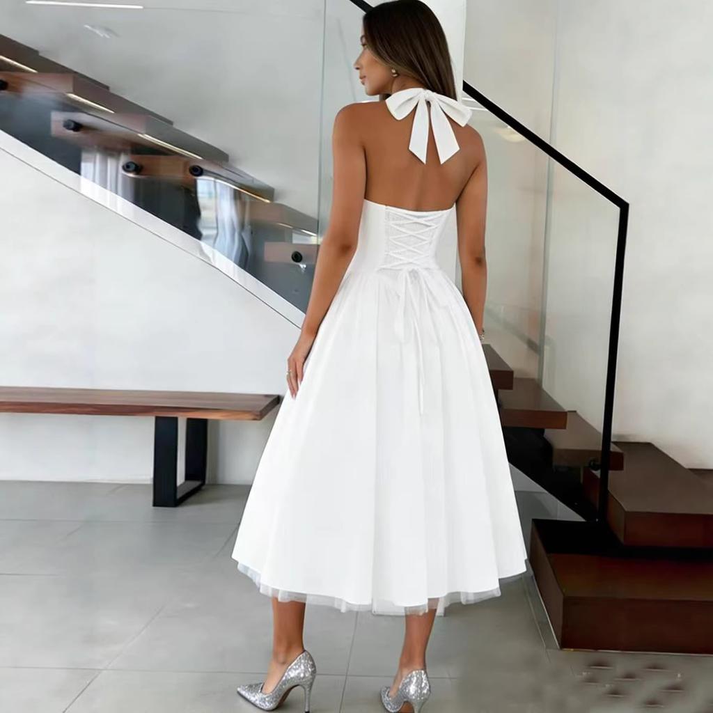A new European and American style waist pendulum white dress women's summer French elegant temperament dress dress