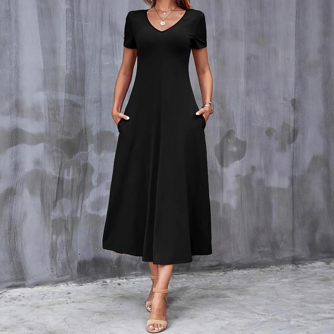 

A New Summer Plus-size Casual V-neck Solid-color Short-sleeved Women s Dress 1XL