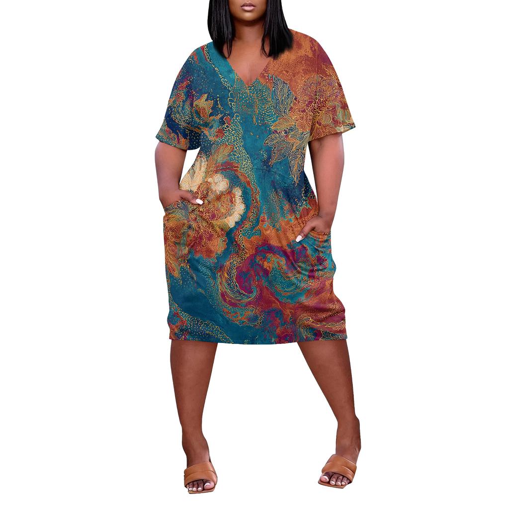 Letní nadměrné velikosti V výstřih krátký rukáv ke kolenům kapsa potisk ležérní šaty pro ženy