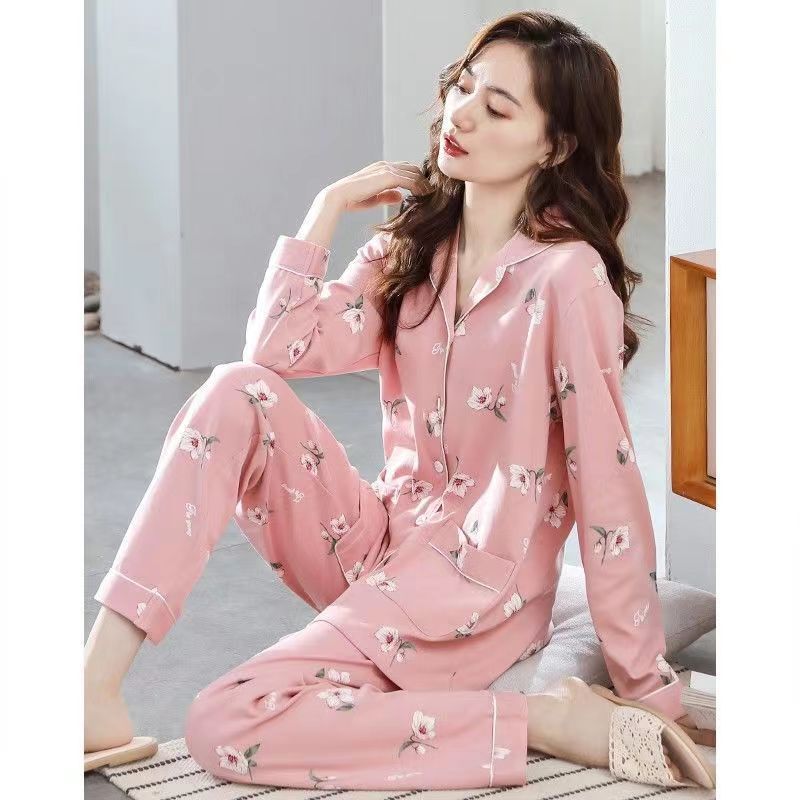 In the elderly 100% pure cotton pajamas women's spring and autumn models autumn and winter long-sleeved large-size suit casual can wear loungewear