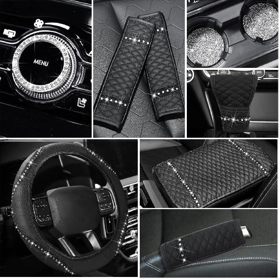 Sinmoe 10 Pcs Bling Car Accessories Set For Women Rhinestones Leather Accessories Steering Wheel Cover Armrest Gear Shift And Seat Belt And Handbrake