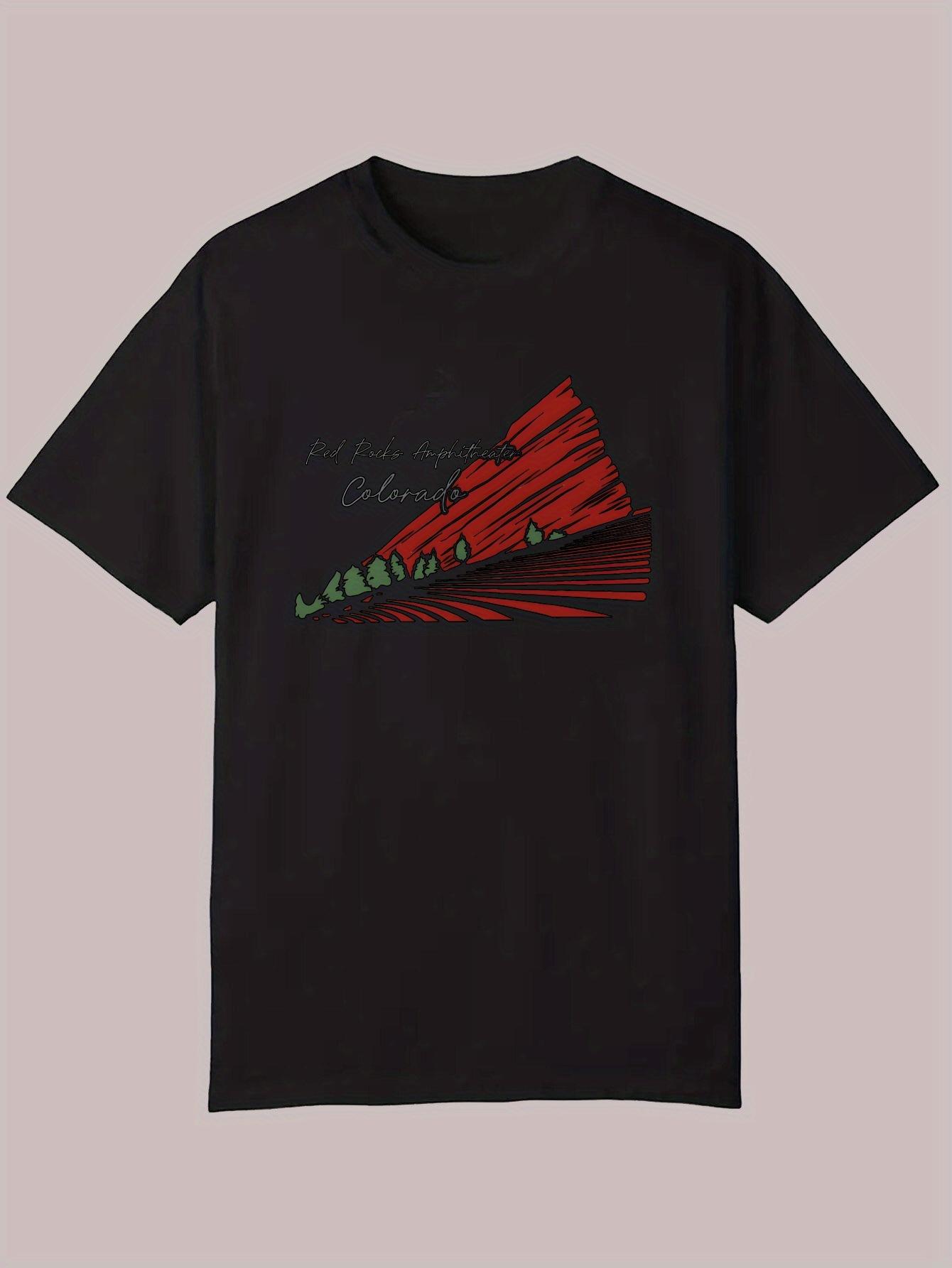 Casual Summer Graphic T-shirt - Black Polyester Tee with Red Mountain & Sunset Design M