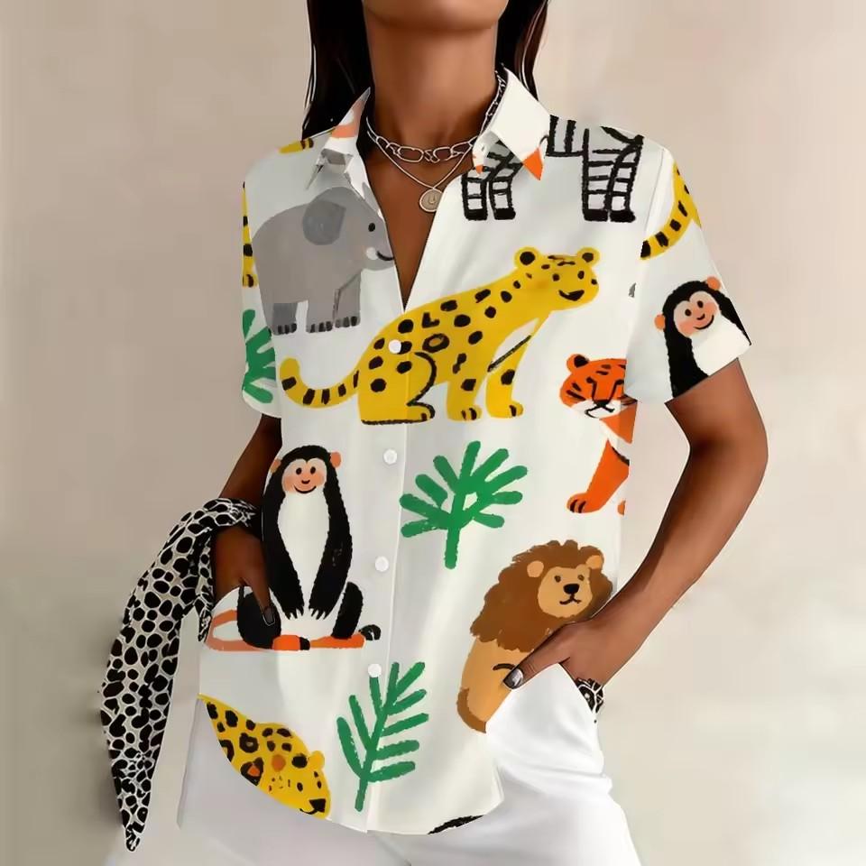 Summer Women's Plus Size Art Collage Cat Short Sleeve Shirt, Cute & Healing, Creative & Eye-Catching, For Parties Casual Wear