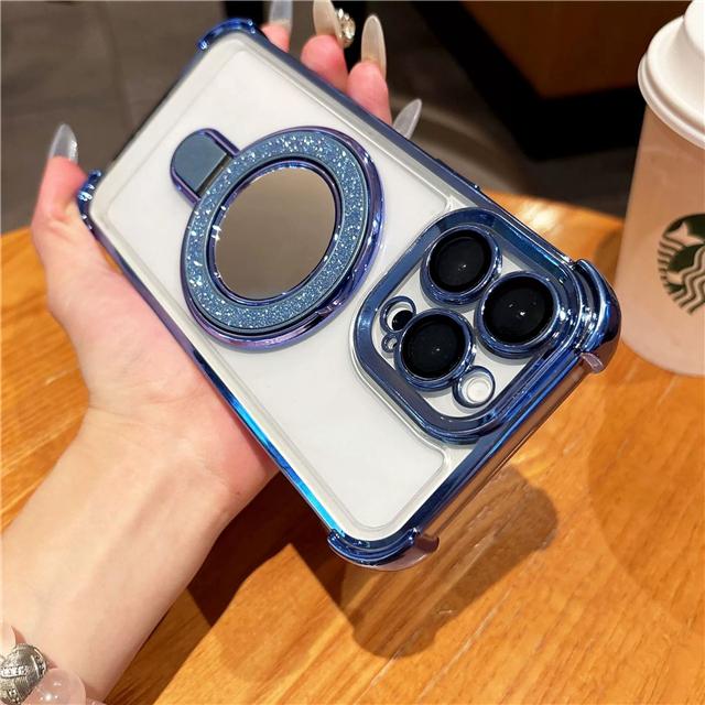 Luxury Plating Flash Mirror Clean Frame Bracket Stand Phone Case For iPhone 11 13 14 15 Plus 16E 16Pro Max Lens Protective Cover