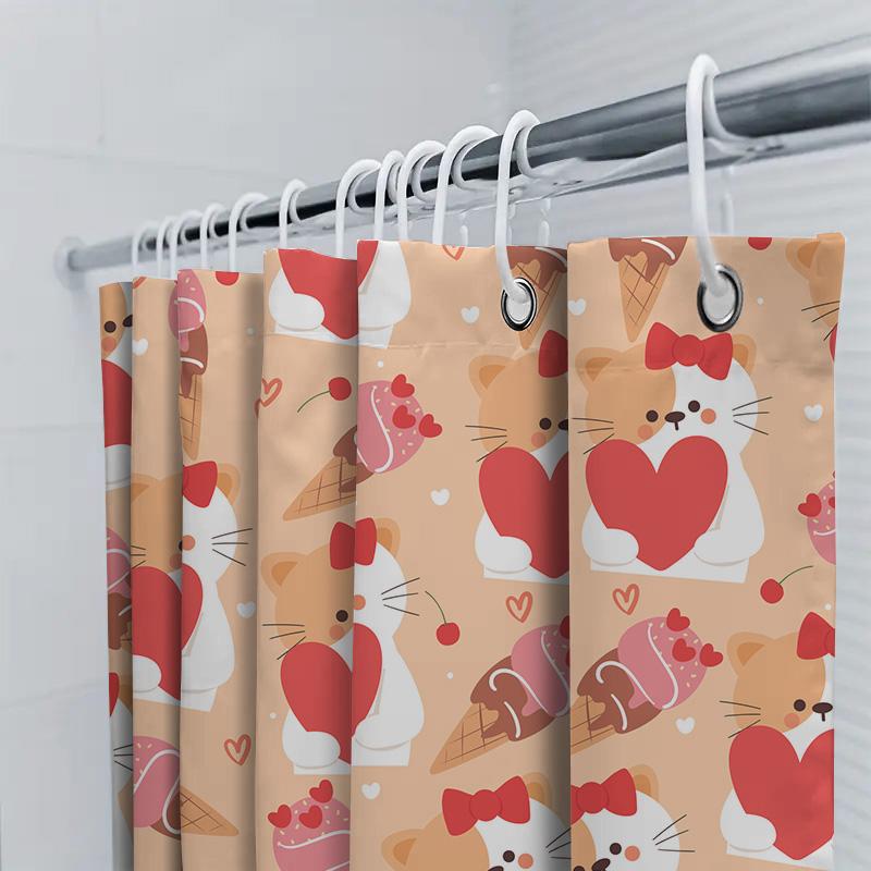 Pet Cat Shower Curtain With Sweet Hearts Design For Bathroom Decor Pink Red Cupcakes Ice Cream Cone Bow Ties 3D Printed Waterpro