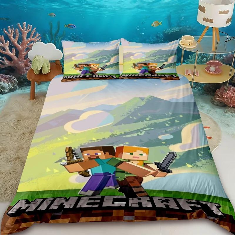 Minecraft 2/3pcs Duvet Cover Cartoon My World Quilt Cover Bedding Set Queen King Size with 1/2 Pillocase Bedroom