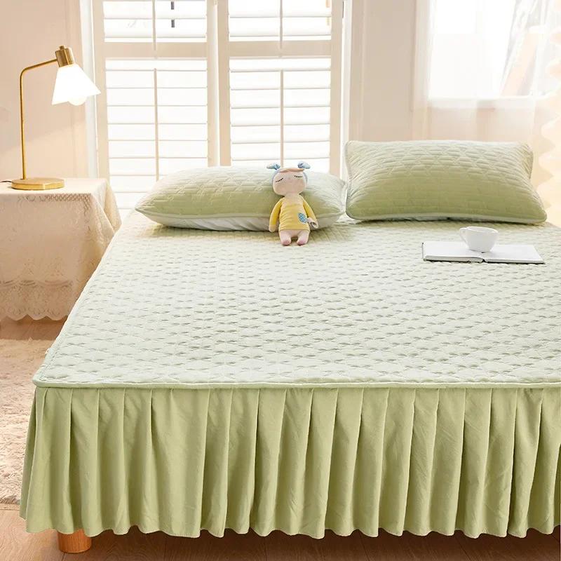 

Solid Cotton Fitted Sheet Bed Skirt 2-in-1 Mattress Dust Protection Cover King Size Modern Minimalist 90x200cm 3pcs
