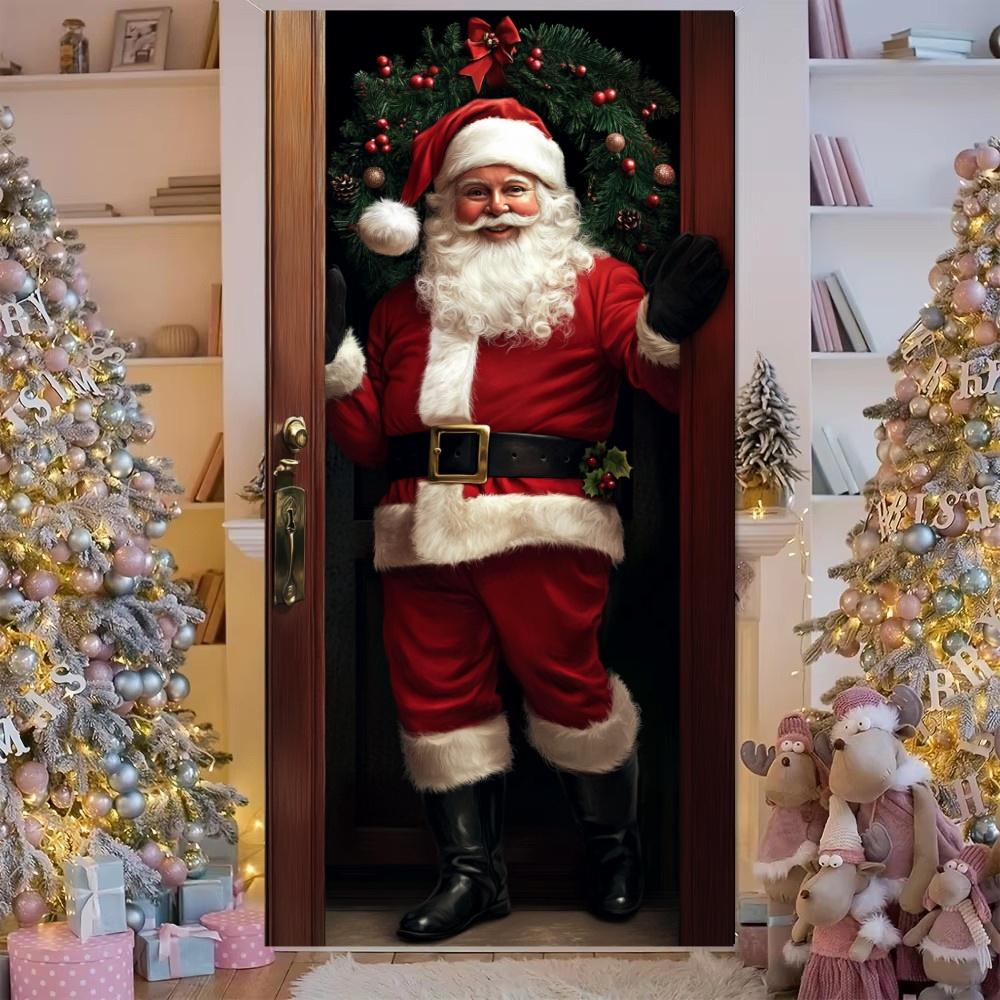 Santa Claus Open The Door Banner Door Cover Decoration Polyester Merry Christmas Winter New Year Holiday Photo Booth Navidad