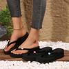 Fashion Women's Flower Decor Med Heel Flip Flops Simple Style Black Wedge Clip Toe Slides Woman Summer Outdoor Med Heel Slippers Mujer