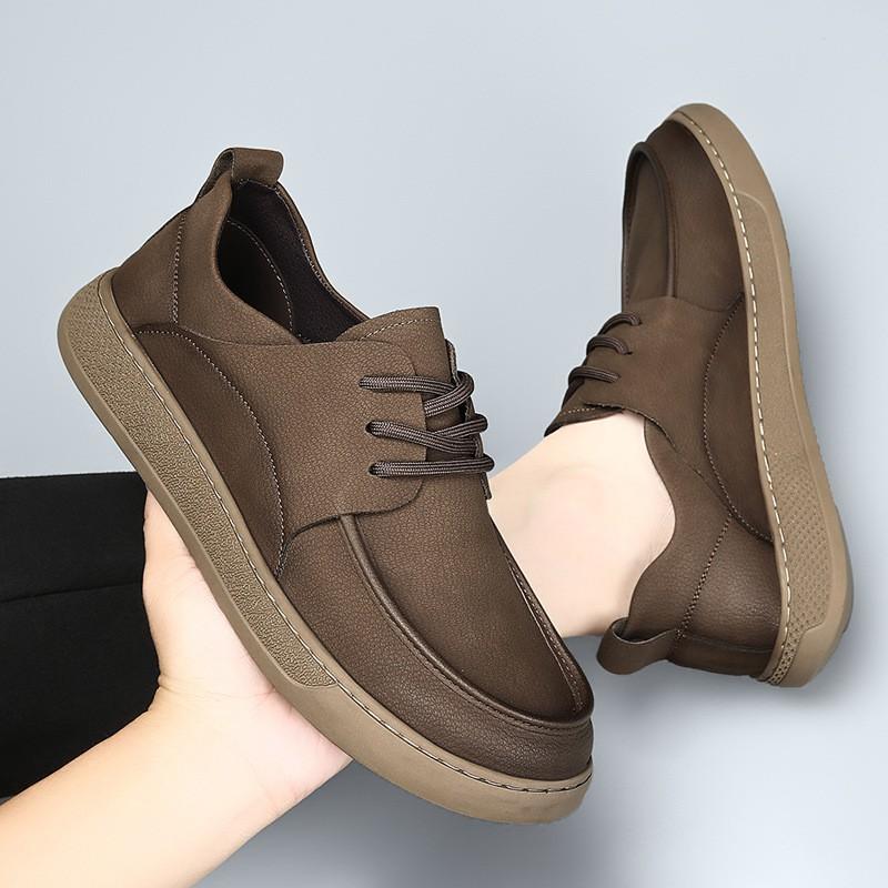 Mens Casual Leather Shoes 2026 British Style Round Toe Soft Sole Retro Flat Daily Wear