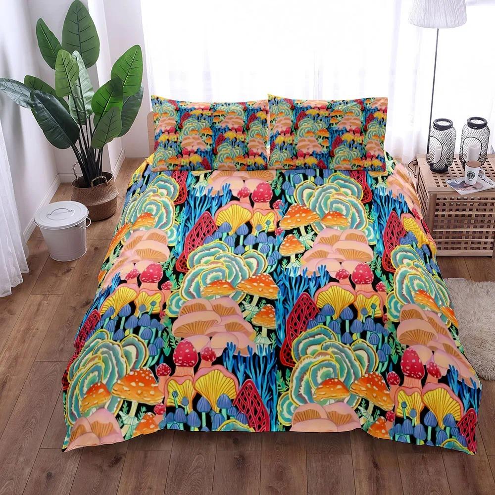 Duvet pillowcase, mushroom bedding set, forest plant print home Bedroom decor for kids boy gift comforter sets