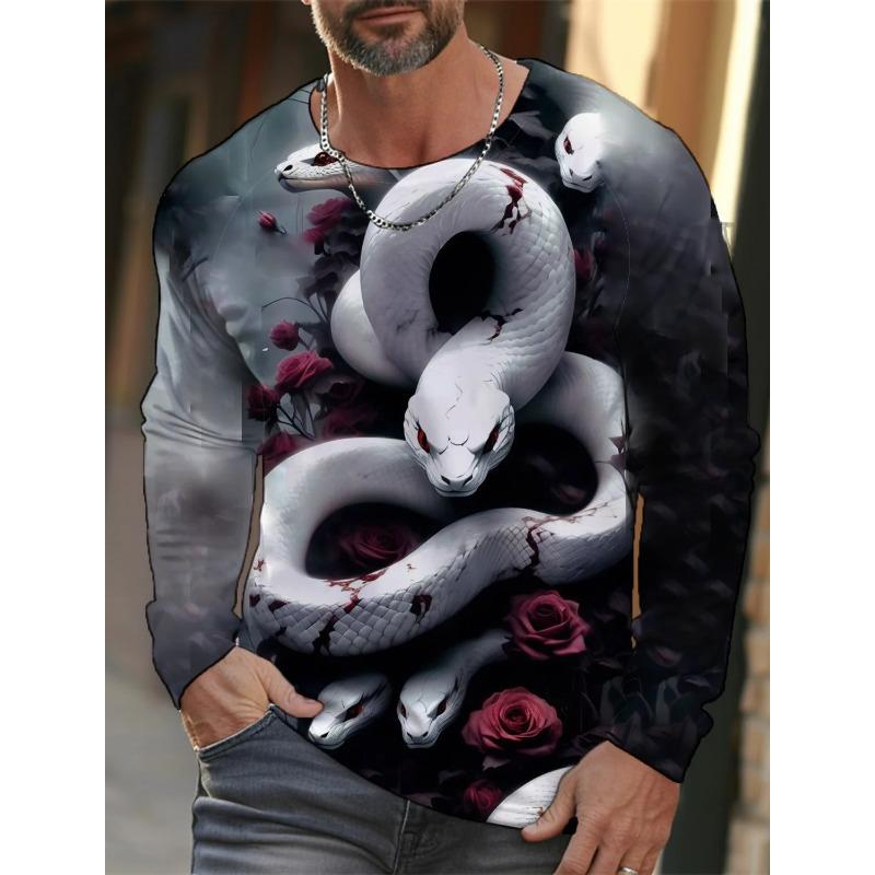 Spring and Autumn Round Neck 3D Snake Pattern Printed Top Fashionable Casual Long Sleeved Men's T-shirts