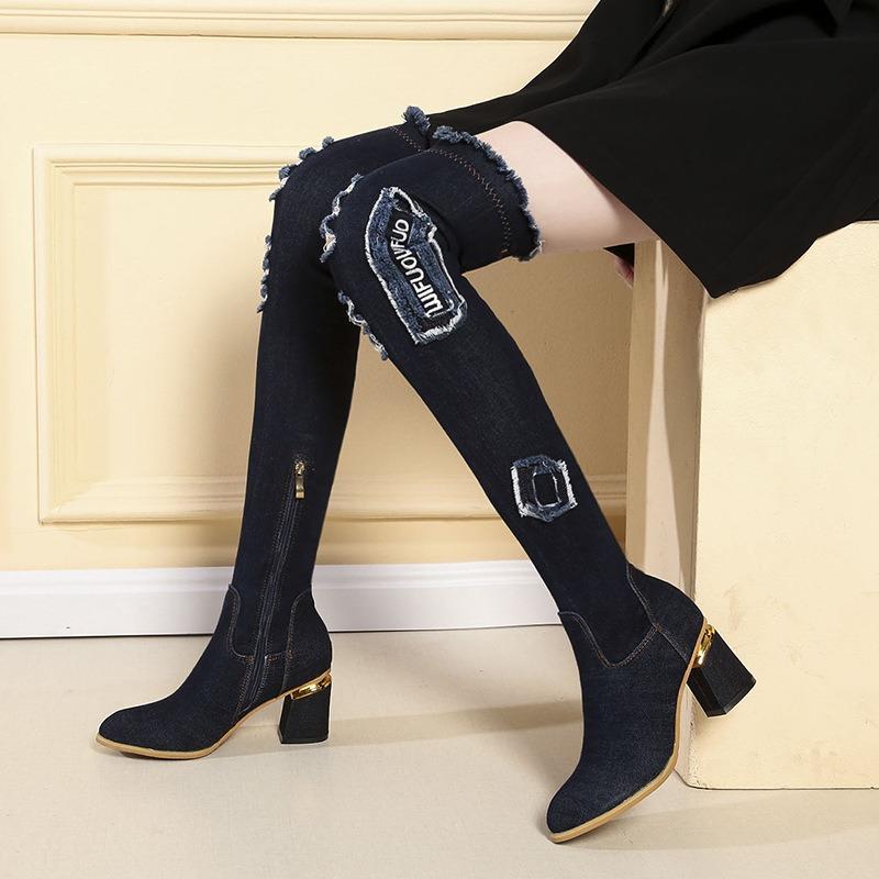 Damen-Jeansstiefel mit über dem Knie, spitze Zehenpartie, dicke High Heels, Schuhe für Damen, Herbst, lässig, Quaste, Jeans, lange Stiefel, Botas Mujer