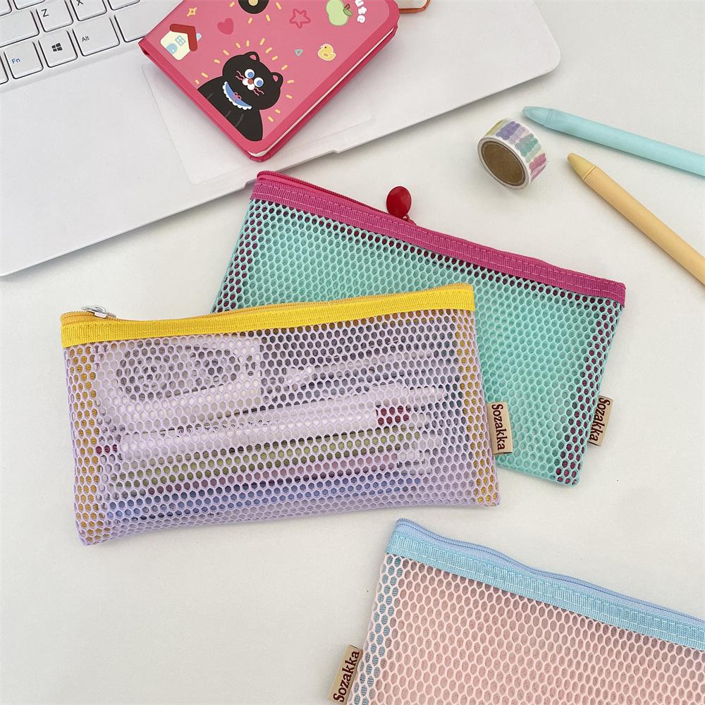 Simple Transparent Zipper Pencil Case Mesh Cosmetic Storage Bag Clear Stationery Bag Nylon Makeup Pouch Portable Travel Handbag