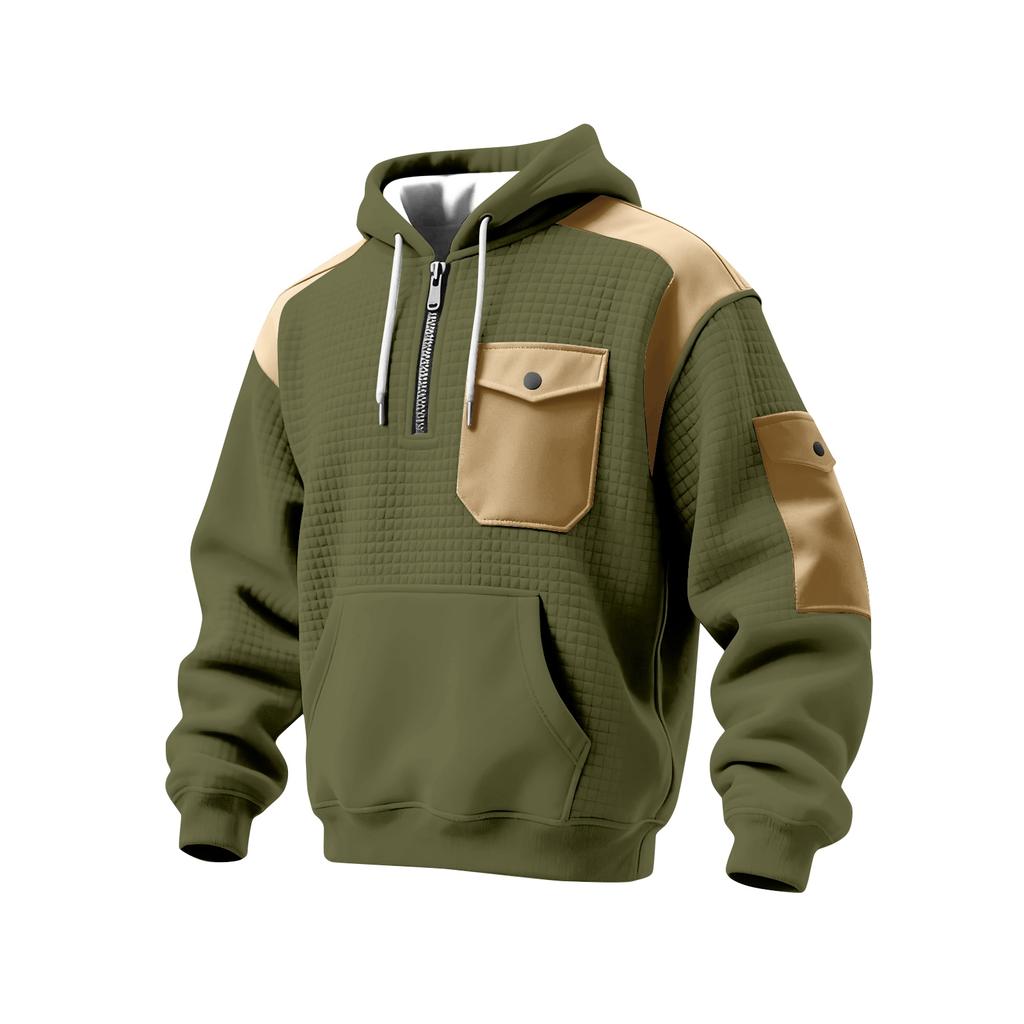Men's Winter Color Blocked Button-Down Collar Multi-Pocket Hoodie Men's Sports Plus Size Casual Sweatshirt