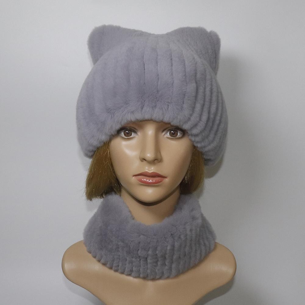 Winter Girls Fashion Fluffy Real Rex Rabbit Fur Hat Scarf Sets Warm Real Rex Rabbit Fur Cat's Ear Hats Women Good Quality Real Fur Cap Scarves