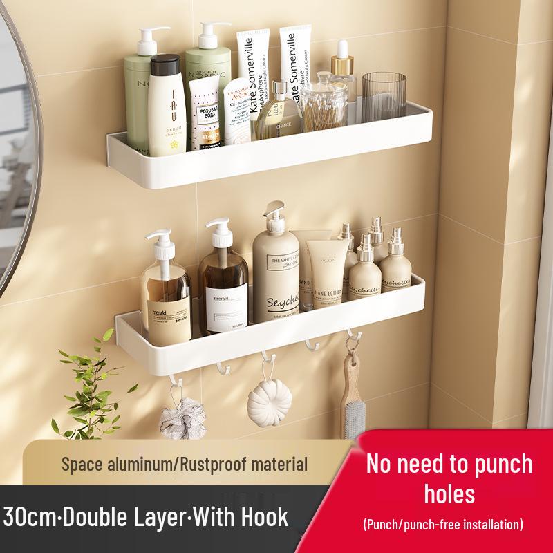 White No-Drill Wall-Mounted Bathroom Organizer and Vanity Shelf