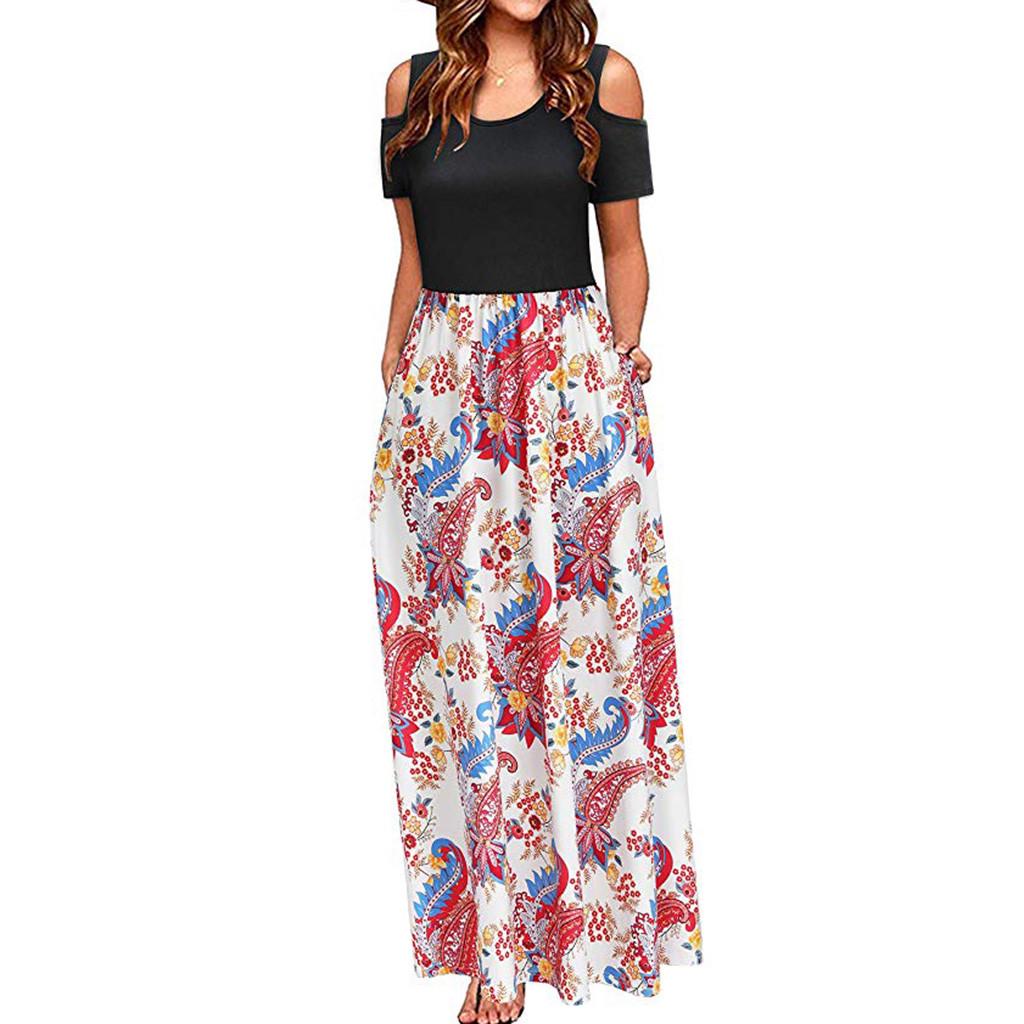 Women Summer Cold Shoulder Floral Print Elegant Maxi Long Dress Pocket Dress