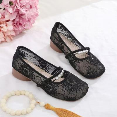 Woman's Summer New Mesh Embroidered Shoes Low Heel Round Toe Shallow Slip On Mary Jane Shoes Soft Sole Non Slip Dress Sandals