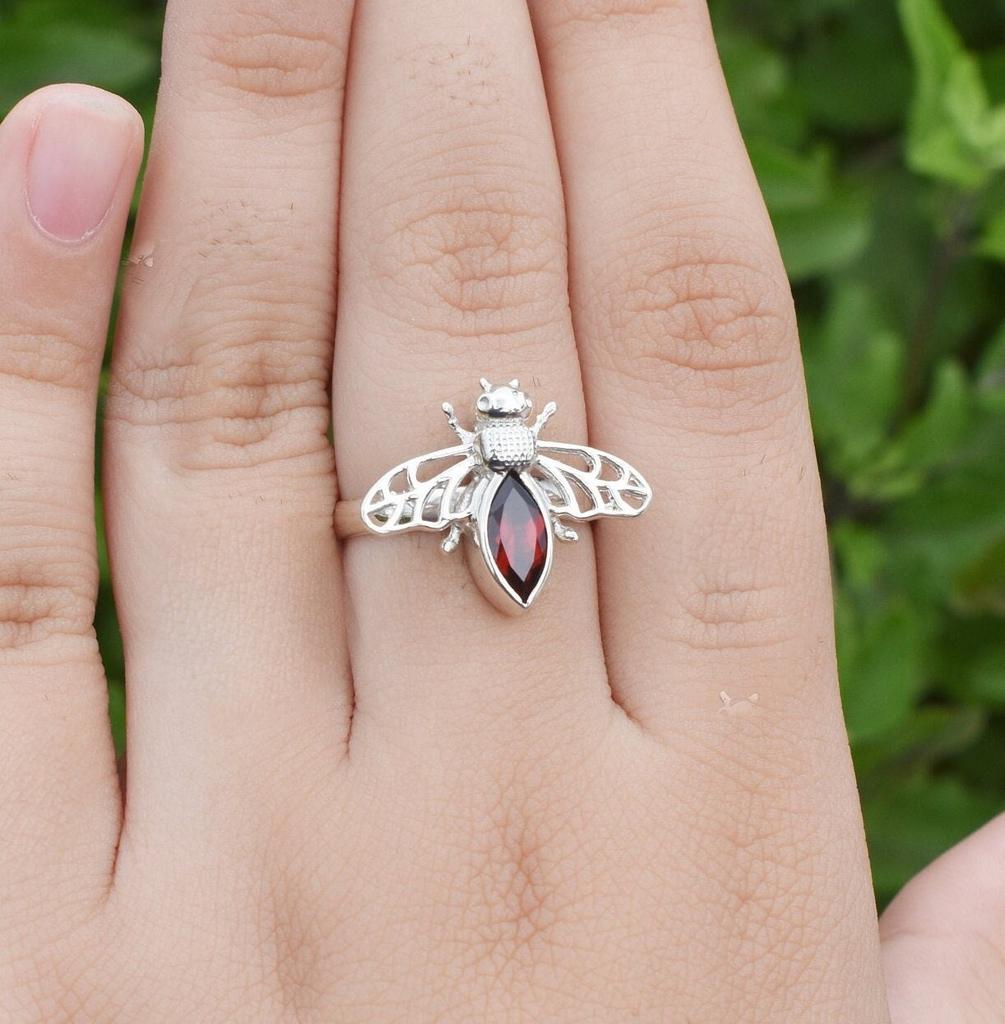 Sterling Silver Bee Ring: Garnet Gemstone Insect Jewelry