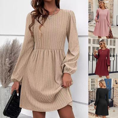 Women's Casual Jacquard Knitted Dress Casual Pockets O-Neck Long Sleeve A Line Dresses For Women Elegant Office Dresses Outwear