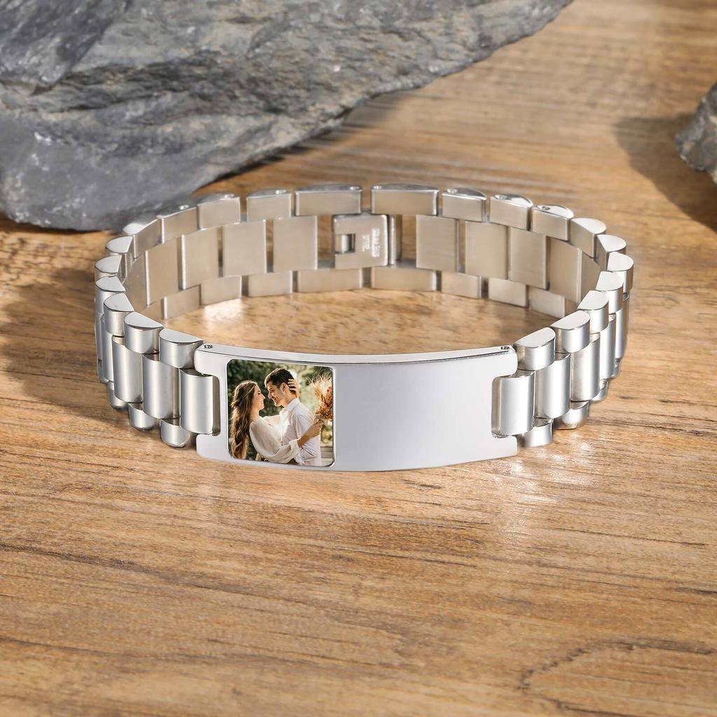 Personalized Photo ID Bracelet For Men Wristband Stainless Steel Jewelry Plated Bangle Date Dad Boyfriend Wedding Party Gift