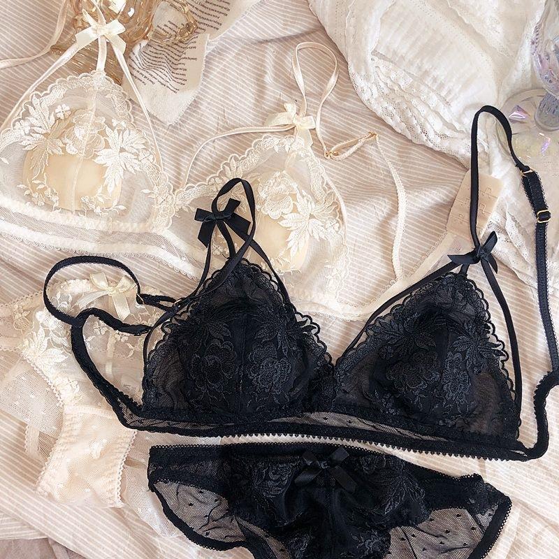 New French Thin Strap Lace Underwear Women's Suit, Thin Small Triangular Cup, No Steel Ring, No Trace, Breathable Bra Cover