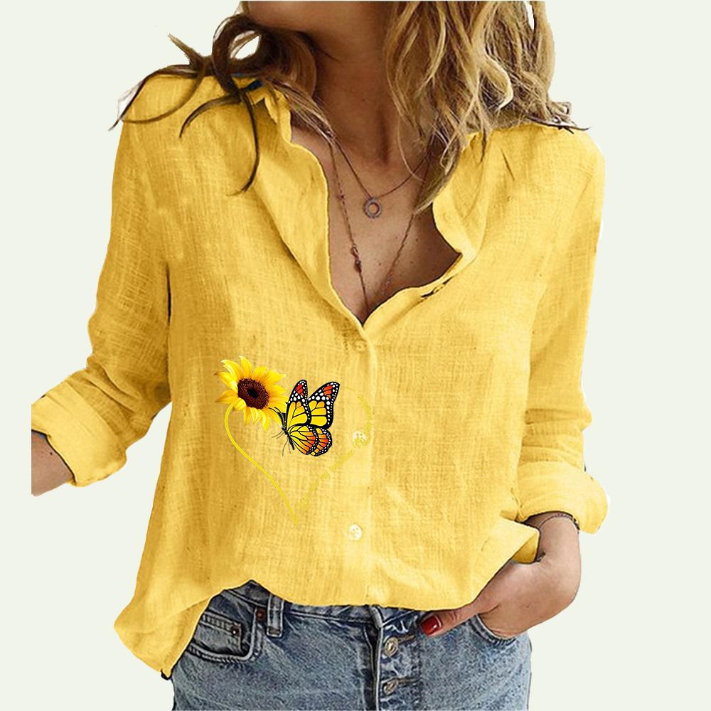 

Жіноча сорочка з квітковим принтом, літо й осінь, повсякденна лляна топ на ґудзиках, жіночі модні блузки з довгим рукавом 5XL жовтий