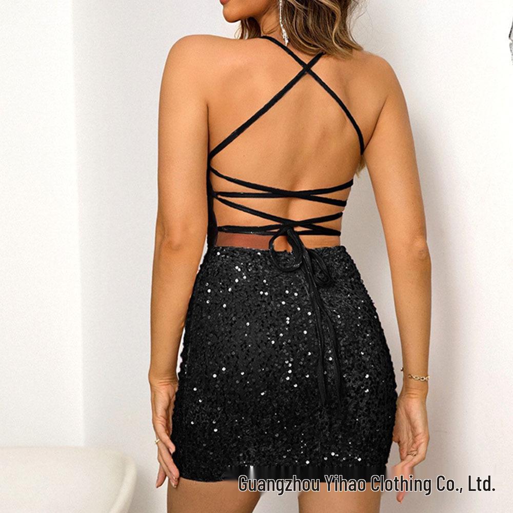European-Style Spaghetti Strap Backless Beaded Sequin Bodycon Dress for Women