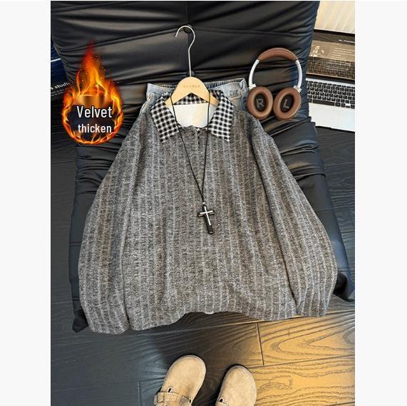 

Men s Winter Retro Houndstooth Patchwork Polo Sweatshirt in Deep Gray - Heavyweight Long Sleeve Top XL