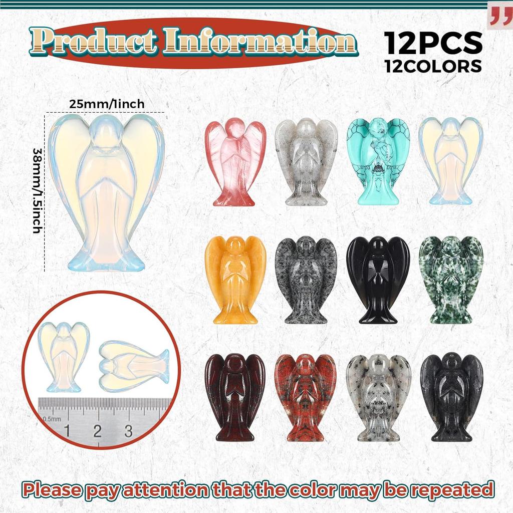 Nuenen 12 Pieces Crystal Angel Figurines Bulk Guardian 1.5 Inch Angel Statue Stones Gemstones Crystals Carved Stones for Easter Decor Gifts Home
