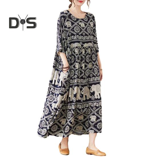 

Платье макси с цветочным принтом в стиле бохо-слона для женщин, длинное платье из хлопка и льна, повседневное пляжное платье с коротким рукавом чёрный