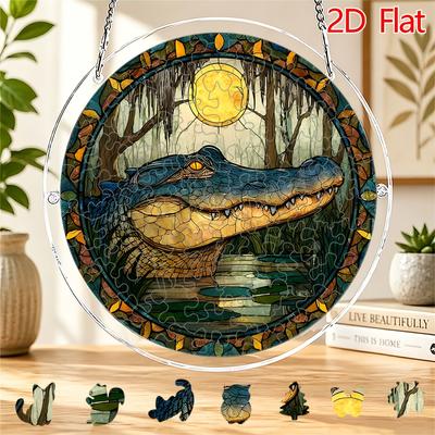 2D Flat Acrylic Puzzle Sun Catcher with 83pcs, Swamp Crocodile Theme Sun Catcher Jigsaw, Home Garden Decor, Ideal Gift for Christmas, Thanksgiving, Ha