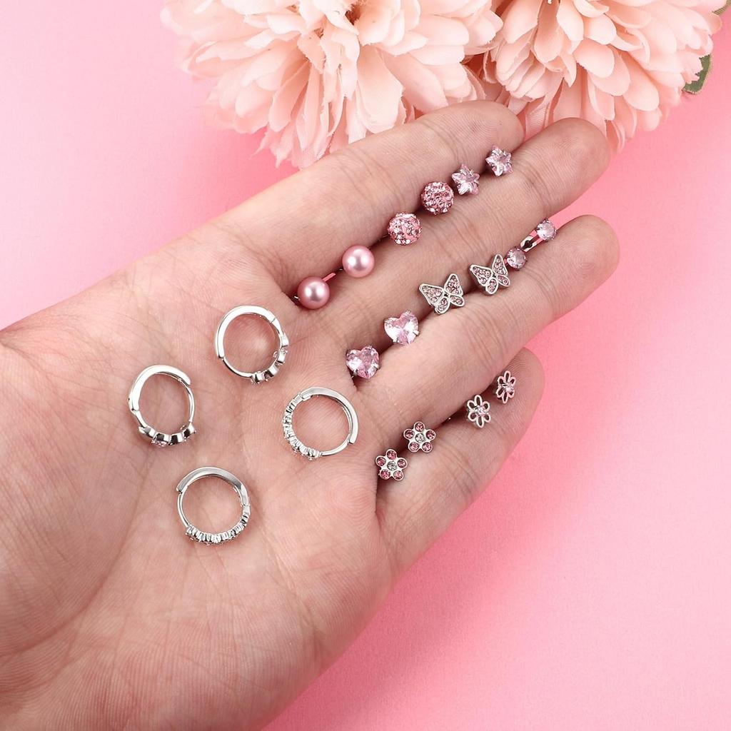Bobisty 10Pairs Screw Back Earrings for Women Surgical Steel Cute Earring Cubic Pink Zirconia Flower Heart Stud Hoop Earring Set