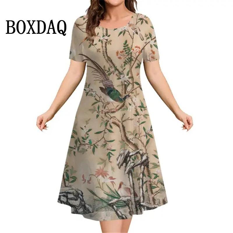 Plant Flowers Print Women's Dresses Summer Short Sleeve Clothing Casual Female Dress Retro Ladies Loose Plus Size Dresses