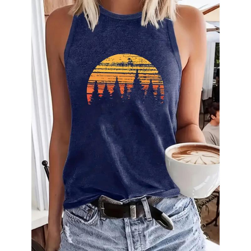 

Женские пуловеры с круглым вырезом и принтом «Восход солнца» на весну и лето, повседневный топ без рукавов XXL темно-синий