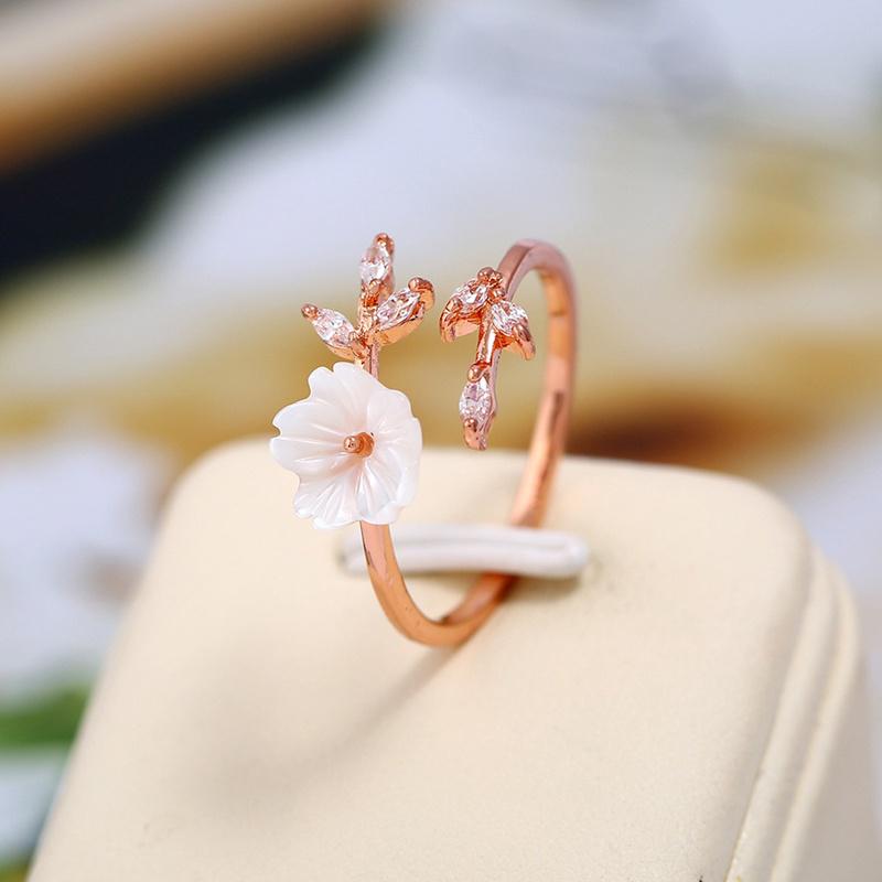 Delicate Zircon Crystal Leaf Shell Flower Ring for Women Ladies Girls Rose Gold Color Finger