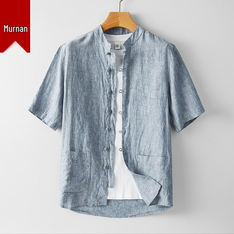 Herrskjorta i kinesisk stil, linne, uppstående krage, kortärmad, retro