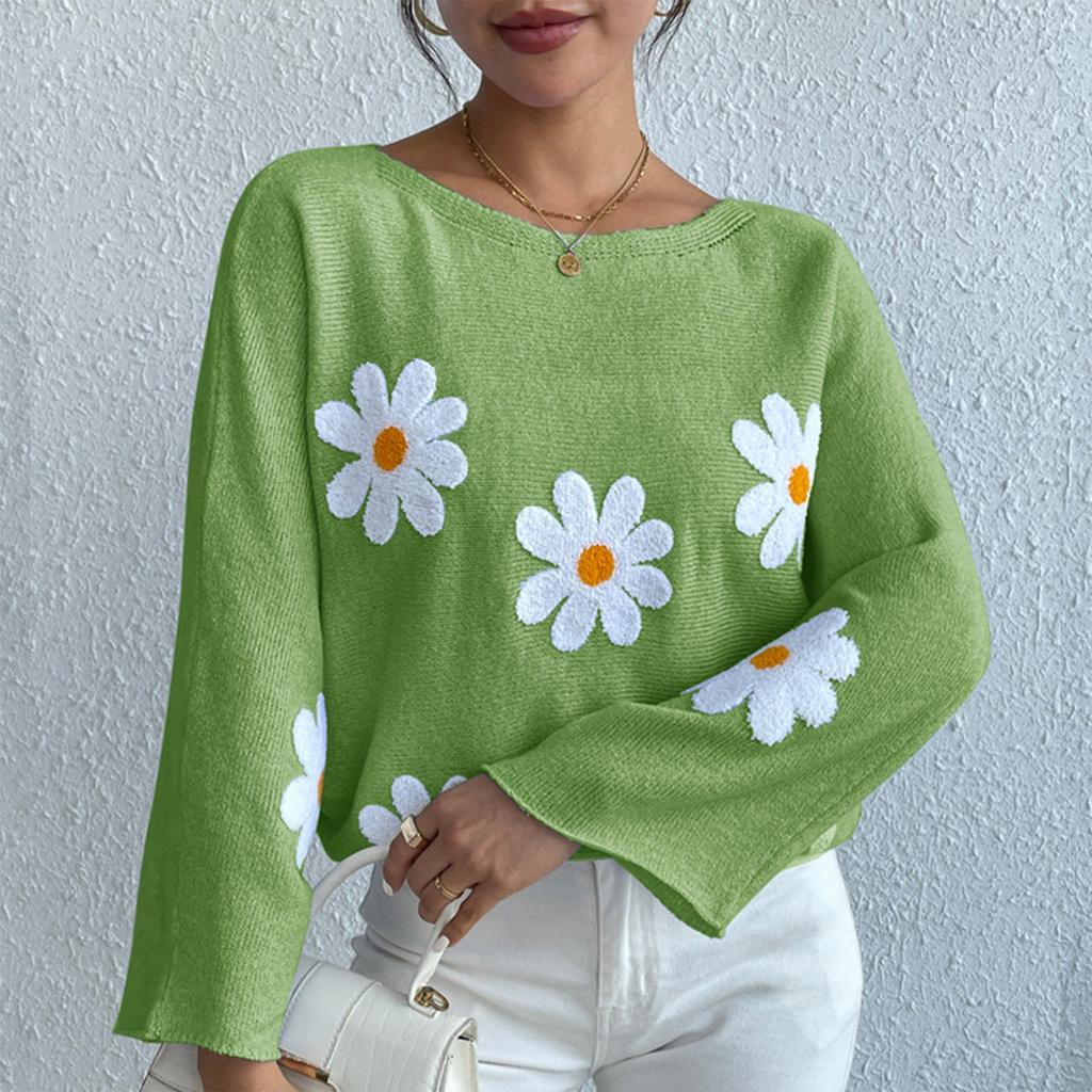 Women's Fashion Casual Flower Print Loose  Sleeve Knitwear Top Sweater