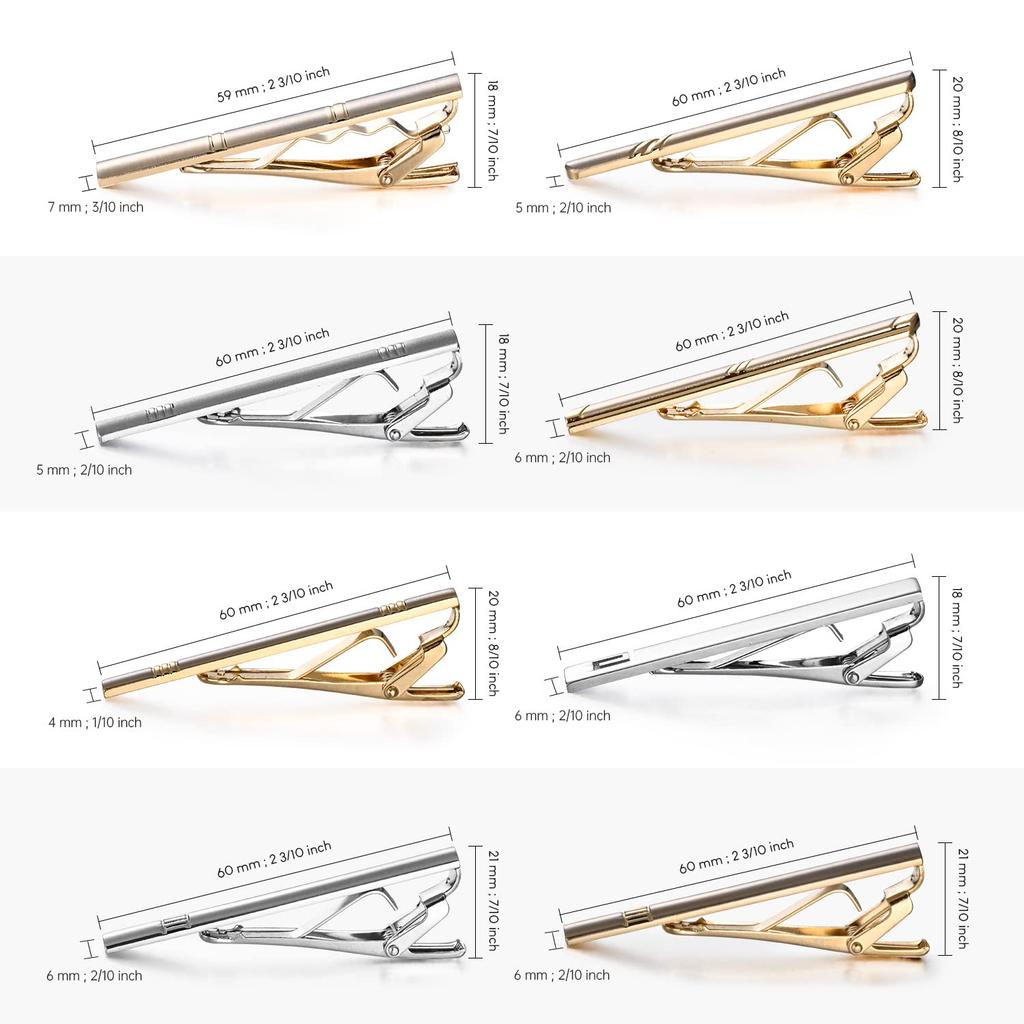 Elegant tie clip set of 8 for simple yet made of for everyday birthday men, stylish, brass, work, gifts, weddings, etc.