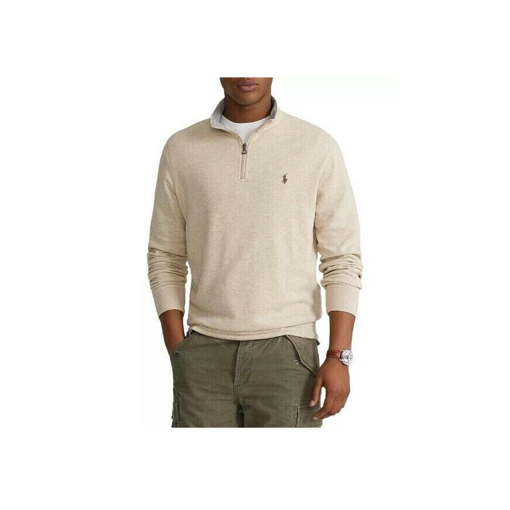 Polo Ralph Lauren FW23 Embroidered Logo Solid Color Half-Zip Long Sleeve Sweatshirt Men sweatshirt Oatmeal 710635035-039